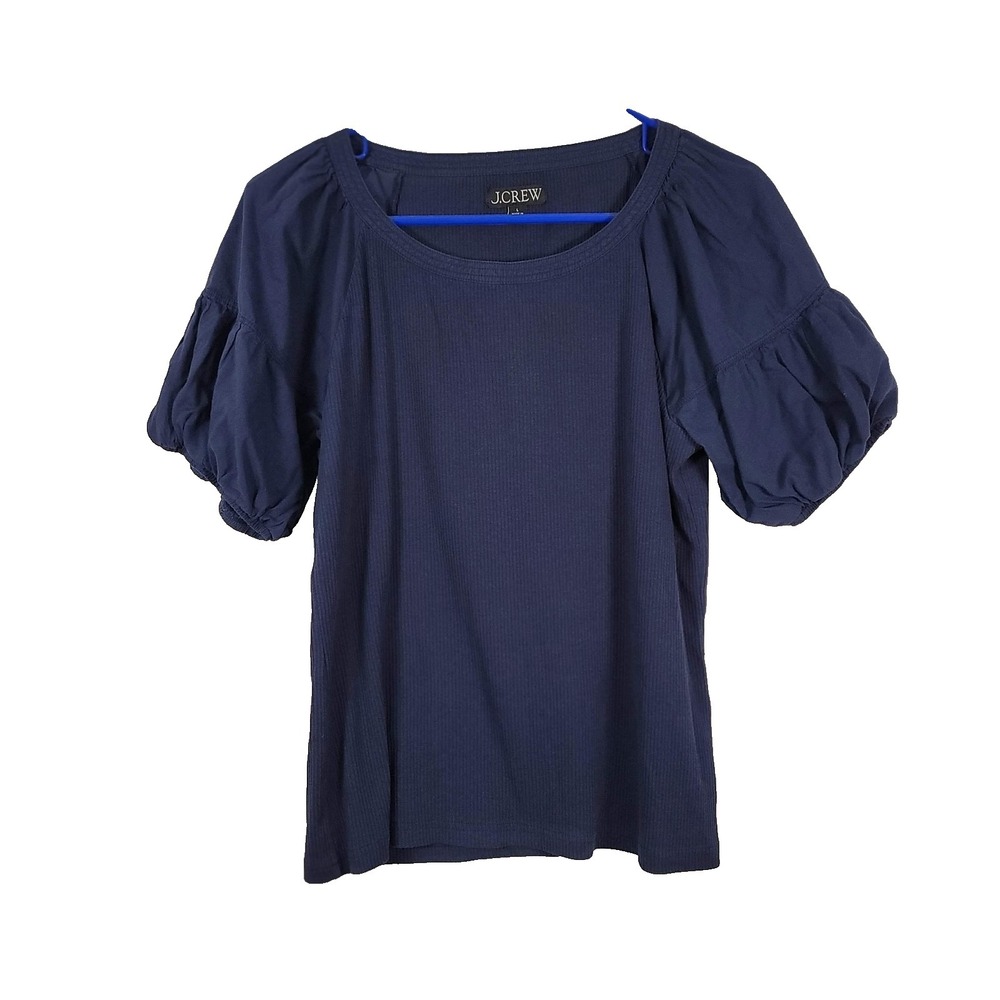J Crew Shirt Womens Large Navy Puff Short Sleeve Ribbed Knit Top Blouse